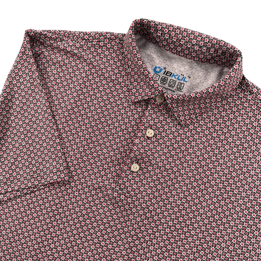 IBKUL Polo Shirt Mens XL Red Black Geometric Floral UPF 50+ Quick Dry Golf Tech